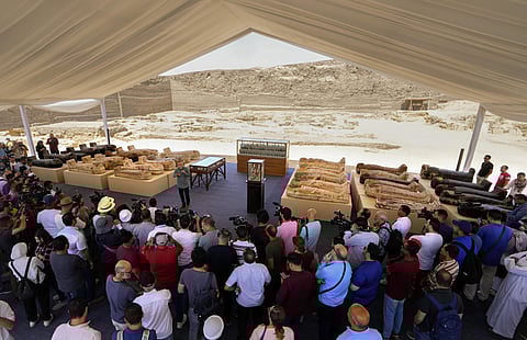 Painted coffins with well-preserved mummies inside, dating back to the Late Period of ancient Egypt around 500 B.C were displayed. (Photo | AP)