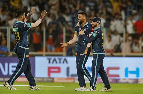 Hardik Pandya of Gujarat Titans celebrates the wicket of Shimron Hetmyer of Rajasthan Royals during the final T20 cricket match of the Indian Premier League 2022. (Photo | PTI)