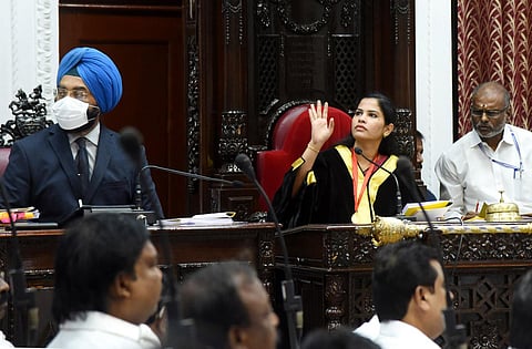 Mayor R Priya chairing the monthly council meeting at Ripon Building on Monday. Corporation Commissioner Gagandeep Singh Bedi is also seen. (Photo | R Satish Babu, EPS)