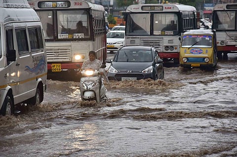 Vehicles moving through rain water at Nagole on Wednesday, May 4, 2022. (Photo | R V K Rao)