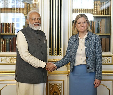Prime Minister Narendra Modi met his Swedish counterpart Magdalena Andersson here on Wednesday. (Photo | Twitter)