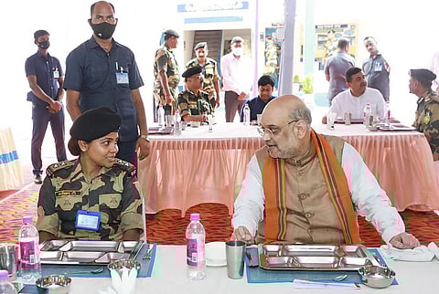 Union Home Minister Amit Shah during his visit to Haridaspur Border Outpost (BOP) in West Bengal. (Photo | PTI)