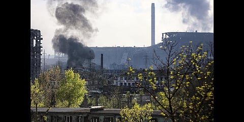 Smoke rises from the Metallurgical Combine Azovstal in Mariupol, in territory under the government of the Donetsk People's Republic, eastern Ukraine, Wednesday, May 4, 2022. (Photo | AP))