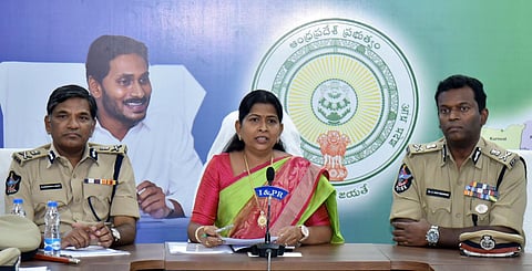 Home Minister Taneti Vanitha, flanked by DGP K Rajendranath Reddy and Additional DGP Ravi Shankar Ayyanar, addresses a media conference on Thursday. (Photo | Express)