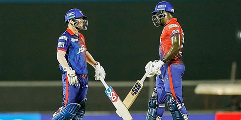 David Warner and Rovman Powell during the IPL match between the Delhi Capitals and the Sunrisers Hyderabad, at the Brabourne Stadium in Mumbai. (Photo | PTI)