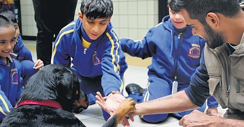A canine therapy dog with children with special needs