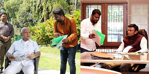 Director Harish MD Halli explains a scene to former CM BS Yediyurappa (left) and Health Minister Dr K Sudhakar (right) during the shoot for ‘Tanuja’, a movie revolving around a NEET aspirant.