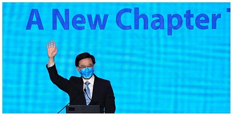 John Lee, former No. 2 official in Hong Kong, and the only candidate for the city's top job, attends his 2022 chief executive electoral campaign rally in Hong Kong, Friday, May 6, 2022. (Photo | AP)