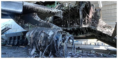 The gutted remains of an Antonov An-225, the world's biggest cargo aircraft, destroyed during recent fighting between Russian and Ukrainian forces. (Photo | AP)