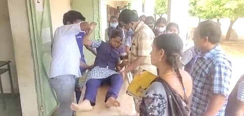 A 17-year-old girl arrived on a stretcher to write the exam in a government school in Ganapathipalayam. (Photo | EPS)