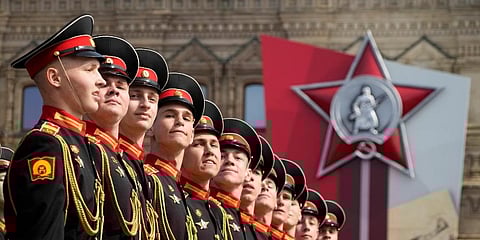 Russian servicemen march during a dress rehearsal for the Victory Day military parade in Moscow, Russia. (Photo | AP)