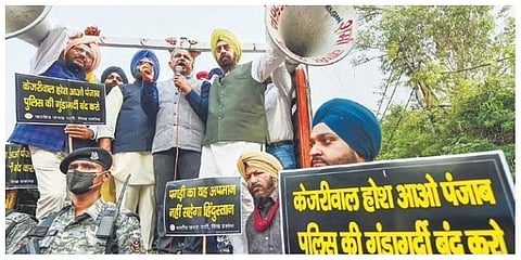 Delhi BJP chief Adesh Gupta leads a protest outside CM’s residence | PTI