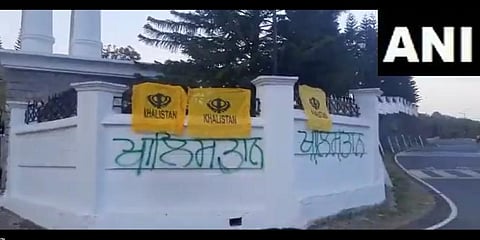 Khalistan flags were put up at the main gate and boundary wall of the Himachal Pradesh Legislative Assembly in Dharamshala. (Photo: ANI)