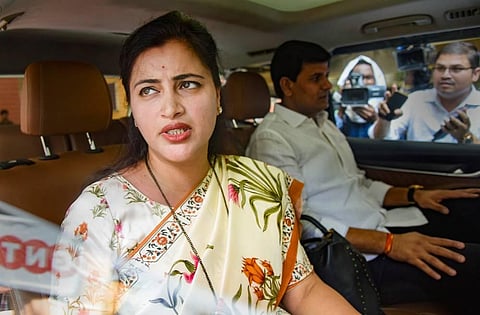 Independent MP Navneet Rana and MLA Ravi Rana address media before leaving for Delhi, in Mumbai, Monday, May 9, 2022. (Photo | PTI)