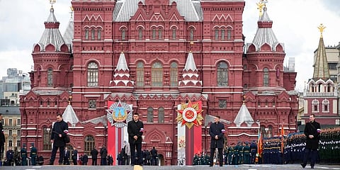 Security guards stand on Red Square prior to the Victory Day military parade in Moscow, Russia. (Photo | AP)