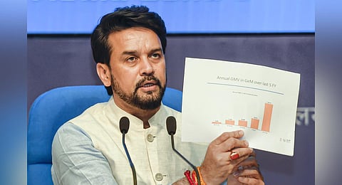 Union Minister for Information and Broadcasting Anurag Thakur speaks during a media briefing on Cabinet decisions, at National Media Centre in New Delhi. (Photo | PTI)