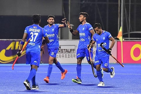 Indian men's hockey team celebrates after a goal. (Photo | Hockey India)