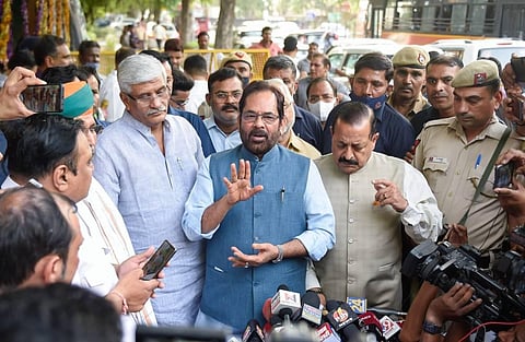 BJP delegation comprising Union Ministers Mukhtar Abbas Naqvi(C), Gajendra Singh Shekhawat and Jitendra Singh(R) address the media after meeting the Election Commission of India. (Photo | PTI)