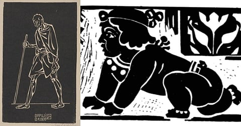 Linocuts by Nandalal Bose: (L-R) Bapuji, dated 12th April 1930. The crawling Krishna.