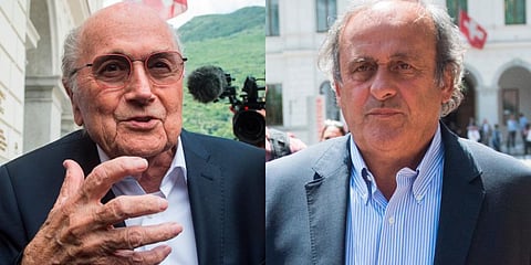 Former European Football Association chief Michel Platini (R) and ex-FIFA president Sepp Blatter (Photo | AP)