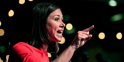Republican U.S. Senate candidate Katie Britt talks to supporters during her watch party on May 24, 2022, in Montgomery, Ala. (Photo | AP)