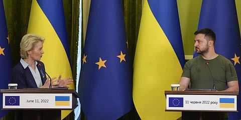 EU President Ursula von der Leyen, left, speaks during a joint press conference with Ukraine President Zelenskyy in Kyiv, Ukraine, Saturday, June 11, 2022.(Photo | AP)