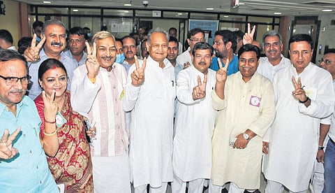 Ashok Gehlot with Pramod Tiwari, Mukul Wasnik, Randeep Surjewala and others | Pti