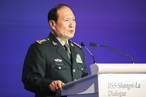 China's Defense Minister General Wei Fenghe speaks at a plenary session during the 19th International Institute for Strategic Studies (IISS) Shangri-la Dialogue. (Photo | AP)