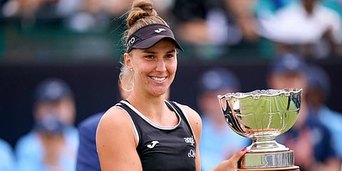 Beatriz Haddad Maia celebrates with the trophy after defeating Alison Riske in the women's singles final of the Nottingham Cup Open tennis championship in Nottingham, England. (Photo | AP)