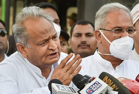 Rajasthan CM Ashok Gehlot and Chhattisgarh CM Bhupesh Baghel address the media, outside ED office in New Delhi. (Photo | PTI)
