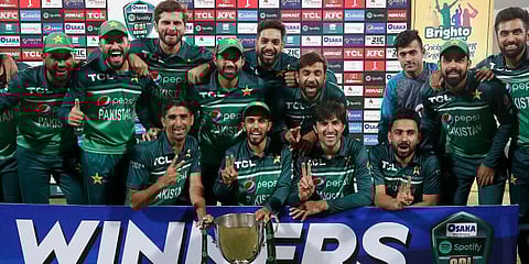 Pakistan team with the ODI series trophy during a presentation ceremony on the end of third ODI match between Pakistan and West Indies at the Multan Cricket Stadium, in Multan. (Photo | AP)