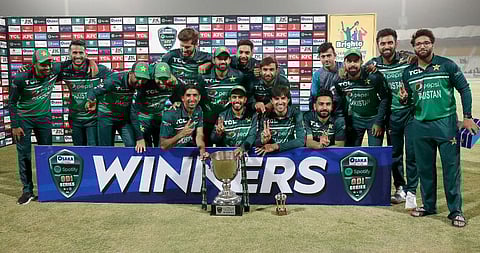 Pakistan team with the ODI series trophy during a presentation ceremony on the end of third ODI match between Pakistan and West Indies at the Multan Cricket Stadium, in Multan. (Photo | AP)