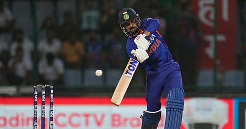 India's Ruturaj Gaikwad plays a shot during the first Twenty20 cricket match between India and South Africa in New Delhi. (Photo | AP)