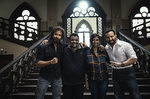 Actor Hrithik Roshan, Director duo Pushkar-Gayatri and actor Saif Ali Khan on the sets of the Hindi remake of 'Vikram Vedha'. (Photo | Twitter)