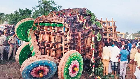 Temple chariot that collapsed near Papparapatti in Dharmapuri district. (Photo| EPS)