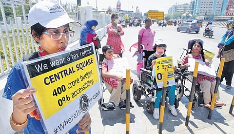 Activists and PwDs inspect accessibility at the newly-inaugurated Central Square in Chennai. (Photo| R Satish Babu, EPS)