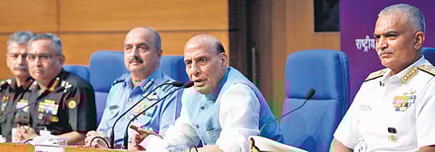 Defence Minister Rajnath Singh with three services chiefs, General Manoj Pande Air Chief Marshal VR Chaudhari and Admiral R Hari Kumar in Delhi | Shekhar Yadav