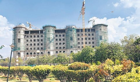 The under-construction Telangana Secretariat as seen from the NTR Gardens in Hyderabad on Tuesday | Vinay Madapu