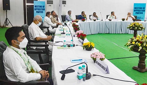 Leaders of 17 parties participate in an opposition leaders' meeting regarding upcoming Presidential elections, in New Delhi. (Photo | PTI)