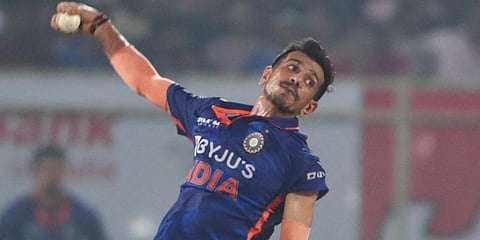 India's Yuzvendra Chahal bowls during the third T20 match between India and South Africa in Visakhapatnam. (Photo | AP)