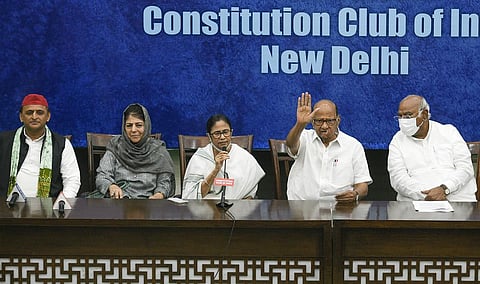 Opposition leaders at the end of the meet that Mamata convened.(Photo | PTI)