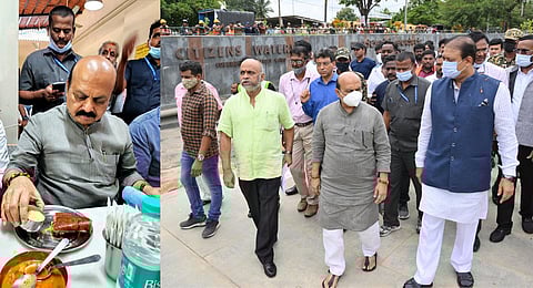 CM Basavaraj Bommai inspects waterway works at Shanthinagar on Wednesday. (Photo | Express)