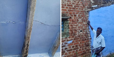 Cracks on walls of houses in Indira Colony that was caused by high power explosives used in stone quarry at Ananinthanadarpatti village in Tirunelveli district