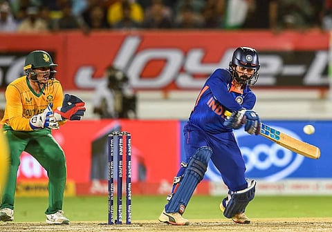 Indian batsman Dinesh Karthik plays a shot during the fourth T20 cricket match between India and South Africa. (Photo | PTI)