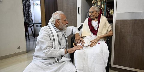 'Took blessings of my mother today as she enters her 100th year,' PM posted on his Twitter account. (Photo | Twitter)