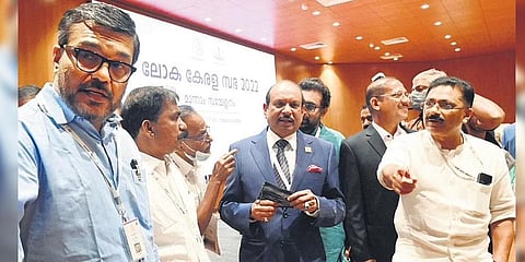 Norka vice-chairman Yusuffali M A with delegates oF the Loka Kerala Sabhaon Friday. Speaker M B Rajesh and MLA K T Jaleel are also seen | Vincen t Pulickal