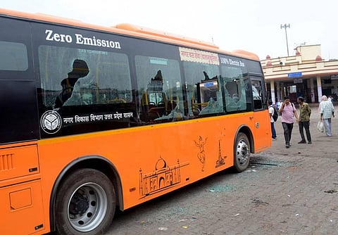 Broken windows of a bus that was vandalised by a mob in protest against Centre's Agnipath scheme, in Varanasi, Friday, June 17, 2022. (Photo | PTI)