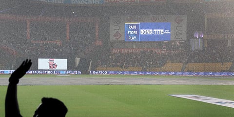 Rain stops play during the 5th and final T20I match between India and South Africa, at M Chinnaswamy Stadium in Bengaluru. (Photo| ANI)