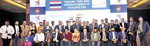 Finance Minister Palanivel Thiaga Rajan and Consul-General of the Royal Thai Consulate-General Nitirooge Phoneprasert with winners of the Thailand-Tamil Nadu Friendship Awards of Excellence 2022 on Sa