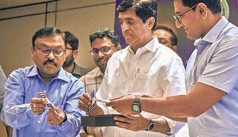 Technical Education minister Buggana Rajendranath releases Polytechnic Common Entrance Exam Test results in Vijayawada on Saturday. (Photo | Prasant Madugula)